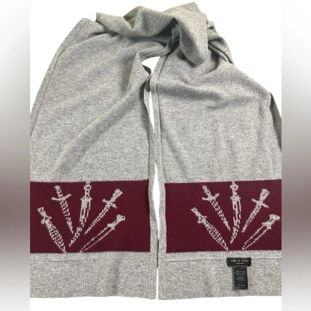 RAG & BONE Gray Burgundy Wool Knit Scarf Dagger Motif‎ Unisex 77”